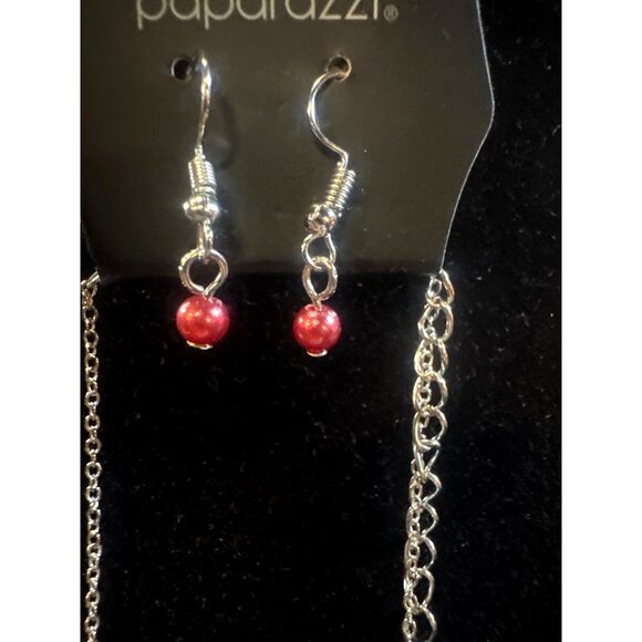 Silver Heart Pendant Necklace & Earrings Set With Red Beads By Paparazzi Jewelry - Picture 3 of 4